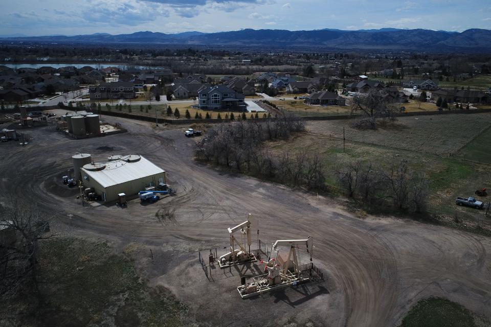 In this file photo, a pump jack is seen on April 4, 2019, just east of the Hearthfire neighborhood in Fort Collins.