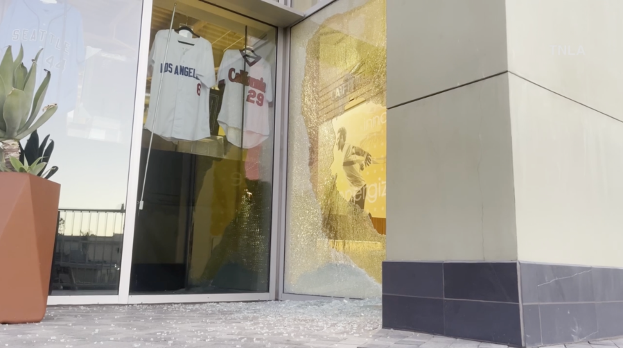 Several businesses in the San Fernando Valley had windows smashed Aug. 28, 2023, including an LA Fitness location. (TNLA)