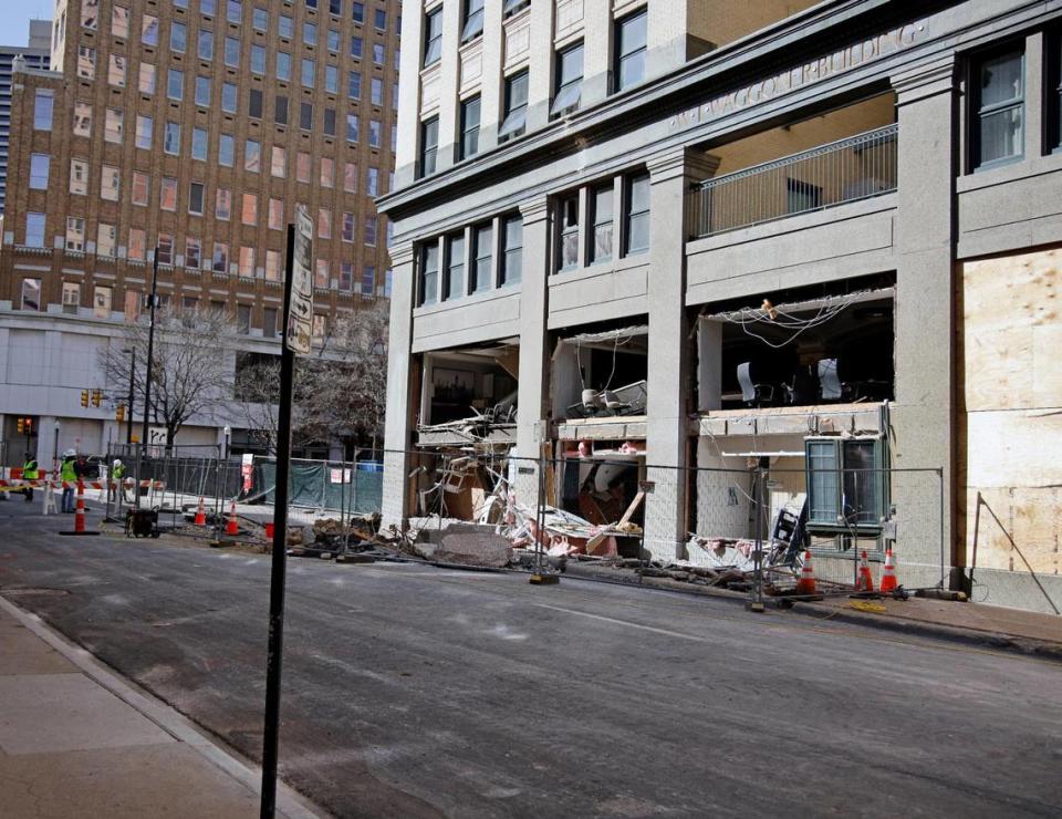 This Jan. 13 view from West Eighth Street shows where damage appeared to be most extensive after the Jan. 8 blast at the Sandman Signature Hotel.