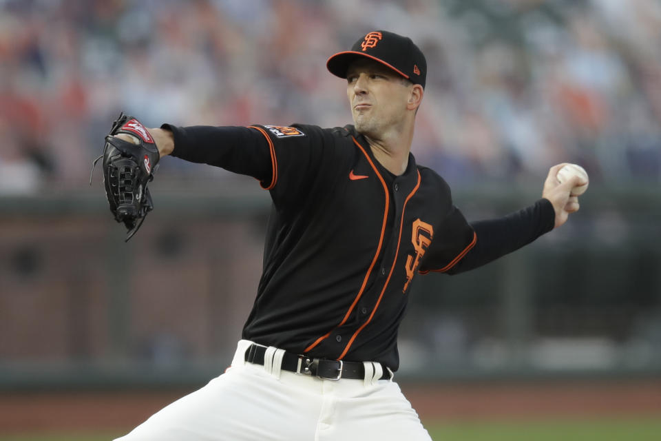 San Francisco Giants pitcher Drew Smyly works against the Texas Rangers during the first inning of a baseball game Saturday, Aug. 1, 2020, in San Francisco. (AP Photo/Ben Margot)