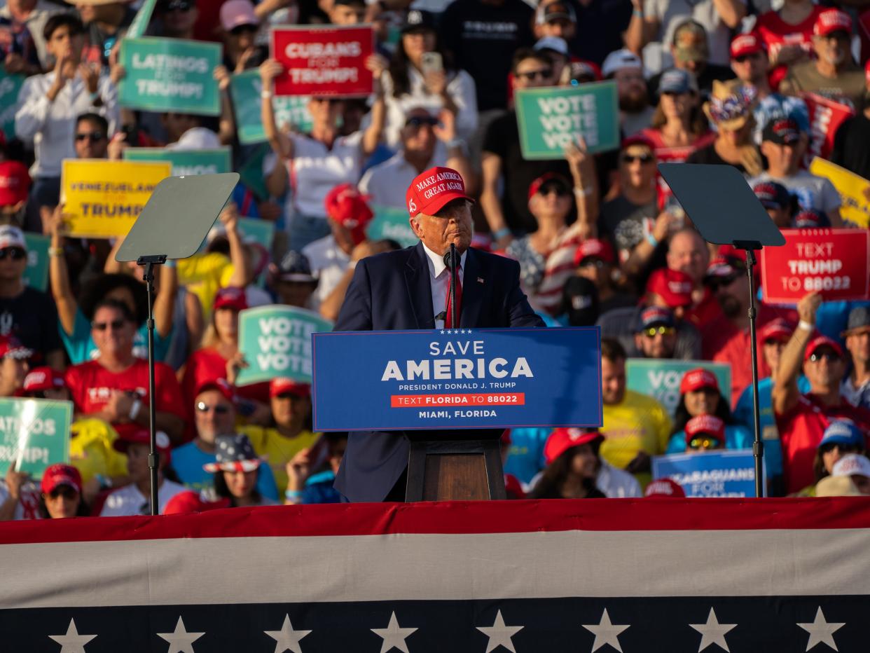 Rally goers, 45th President Donald Trump and Marco Rubio are seen at the Save America Rally at the Miami Dade County Fair and Expo in Miami on Sunday November 6, 2022. ORG XMIT: 2634540 (Via OlyDrop)