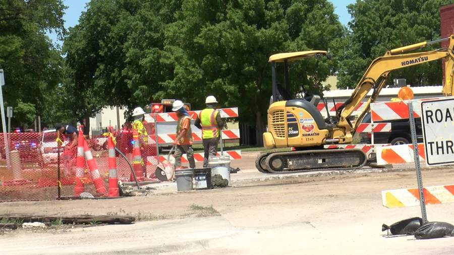 The Wichita Fire Department responds to a gas line break at Douglas and Osage on May 9, 2024. (KSN News Photo)