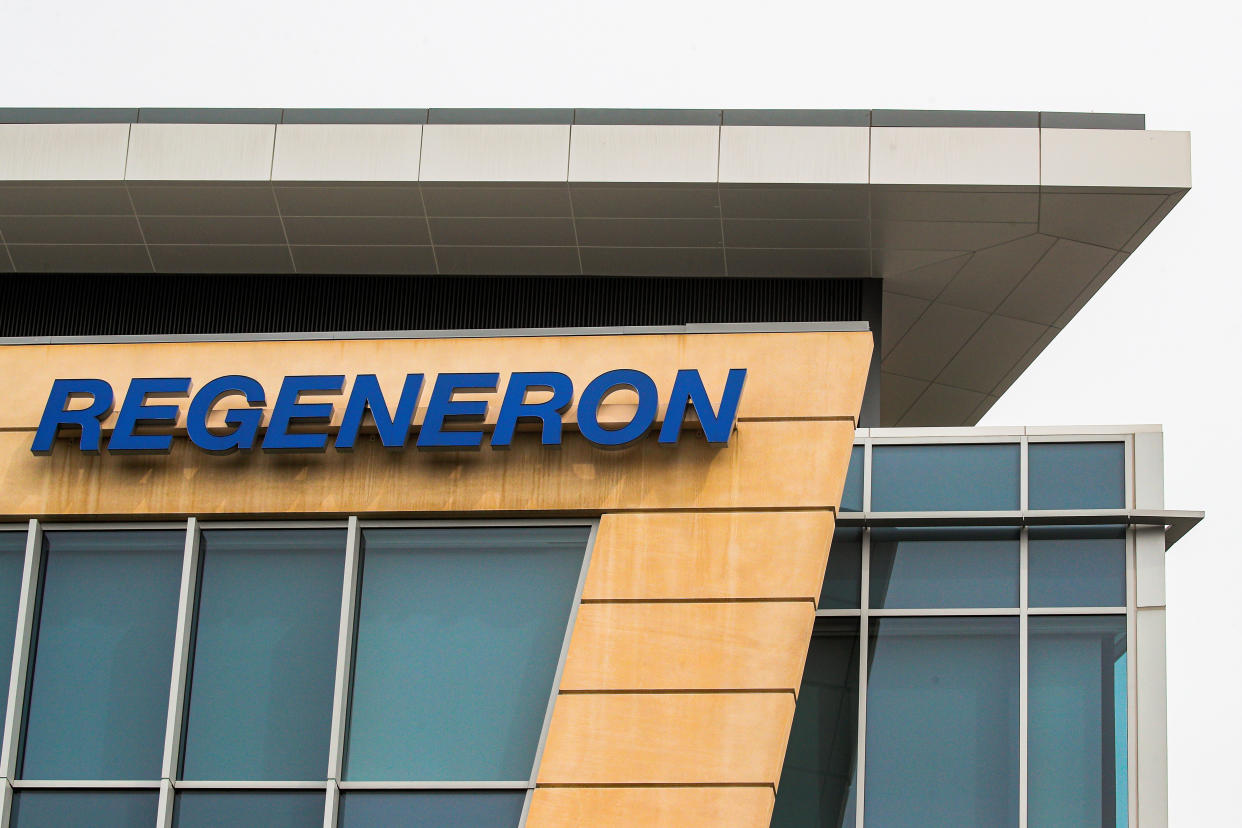 FILE PHOTO: The Regeneron Pharmaceuticals company logo is seen on a building at the company's Westchester campus in Tarrytown, New York, U.S. September 17, 2020. REUTERS/Brendan McDermid