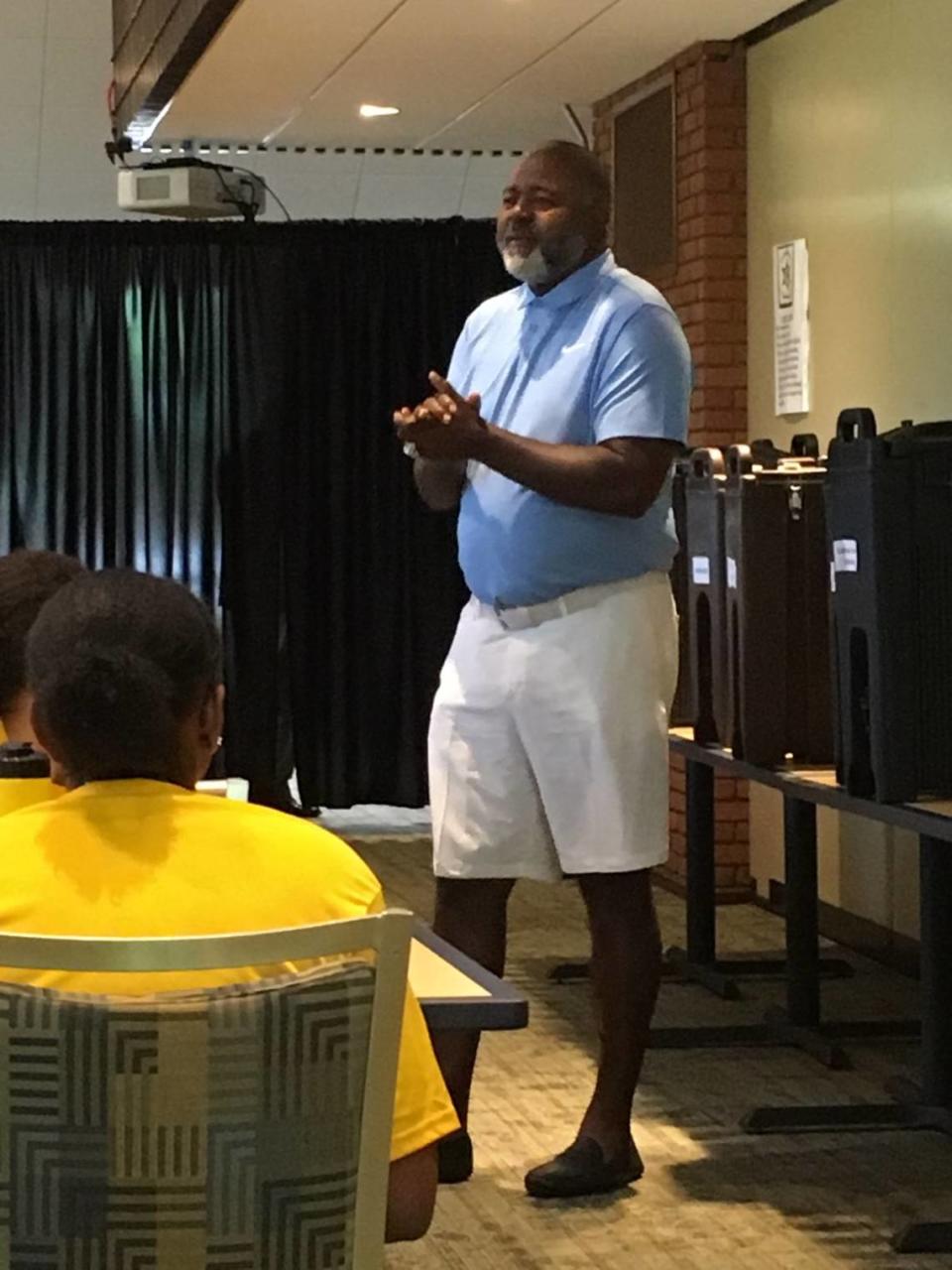 Former NFL Pro Bowler and Super Bowl Champion Bryan Cox addresses cadets at the Team Illinois Youth Police Camp. This year’s camp will take place Sunday, July 16, through Saturday, July 22, at Principia College in Elsah, Illinois. Cox is a graduate of East St. Louis High School.