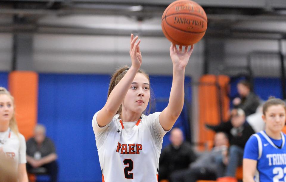 Cathedral Prep junior Lena Walz eyes a free throw during a PIAA Class 5A first-round basketball playoff game at Hagerty Family Events Center in 2023.