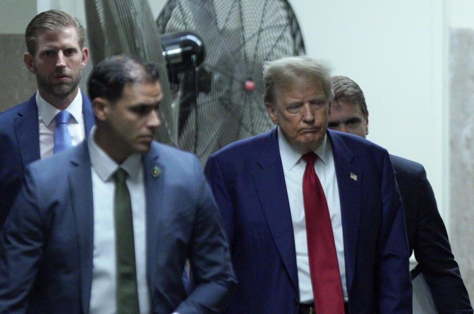 Former President Donald Trump returns to the courtroom after a break at Manhattan criminal court, Tuesday, April 30, 2024, in New York.(Eduardo Munoz/Pool Photo via AP)