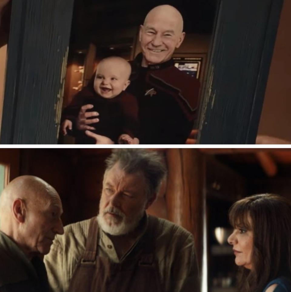 Jean Luc Picard holds Riker and Troi's son Thaddeus in a photo from Picard season one.