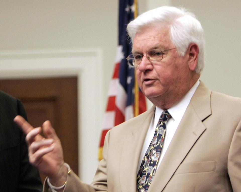 FILE - In this May 25, 2005 file photo, Rep. Harold Rogers, R-Ky. gestures during a news conference on Capitol Hill in Washington. House Republicans follow up their frugal _ but nonbinding _ tea party budget with less stringent cuts. Instead of promised slashes to Medicaid and food stamps, top GOP lawmakers are thinking smaller. And they're even reaching out to Democrats to help pass annual spending bills. (AP Photo/Susan Walsh, File)