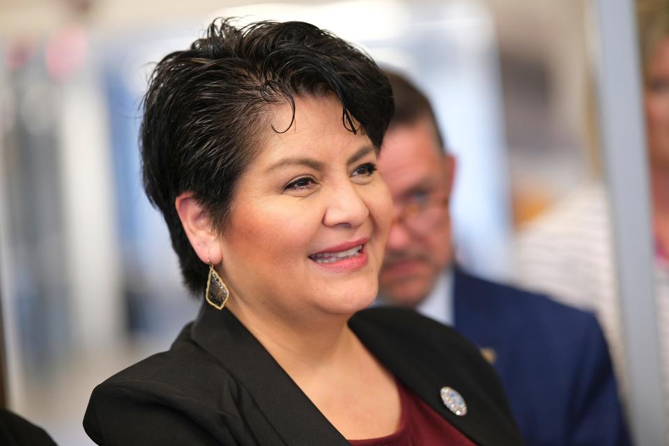 Former Oklahoma City Board of Education member Gloria Torres listens Monday at a ceremony celebrating incoming member Juan Lecona, who takes over Torres' District 6 seat on the board, at the Clara Luper Center for Educational Services.