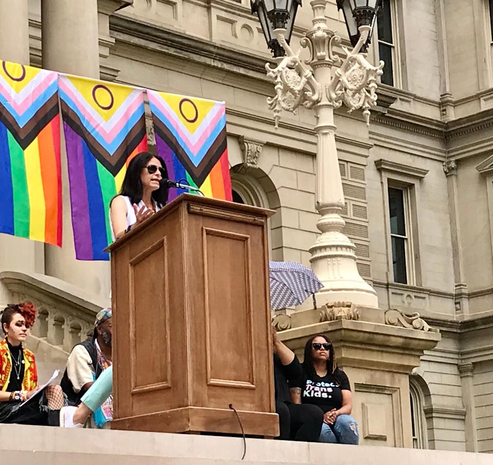 Michigan Attorney General Dana Nessel speaks during the 2022 Michigan Pride Rally in Lansing on June 26, 2022.