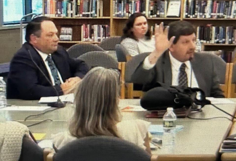 Toms River Regional Superintendent Mike Citta, left, and Business Administrator Bill Doering at the May 7, 2024, Board of Education budget hearing at Toms River High School North Media Center.