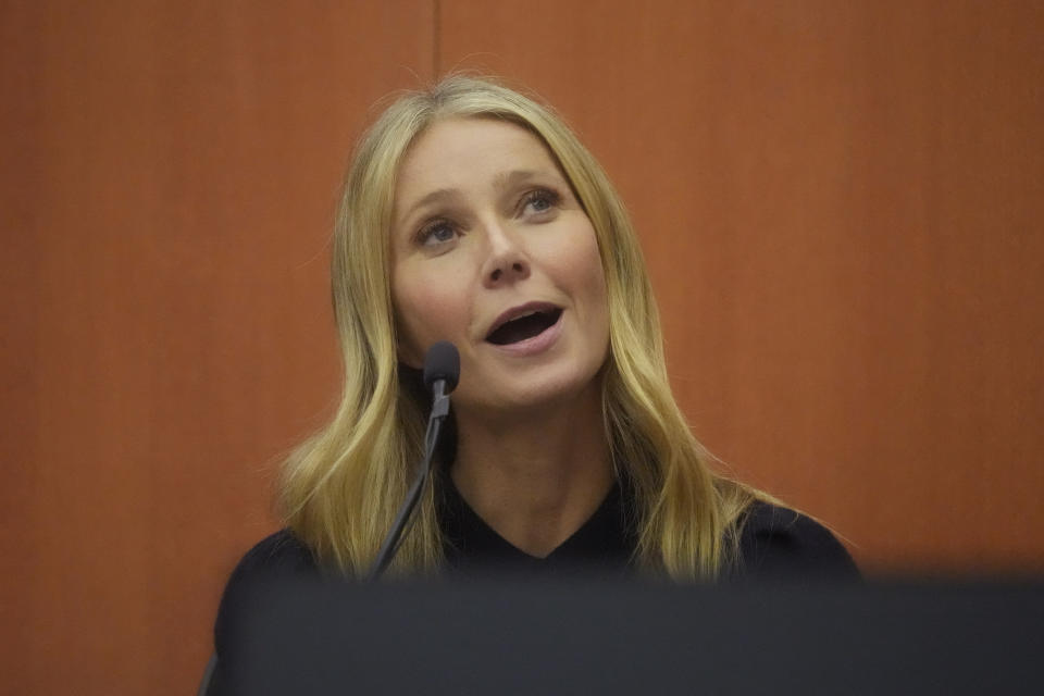 Gwyneth Paltrow testifies during her trial, Friday, March 24, 2023, in Park City, Utah. Paltrow is accused in a lawsuit of crashing into a skier during a 2016 family ski vacation, leaving him with brain damage and four broken ribs. (AP Photo/Rick Bowmer, Pool)