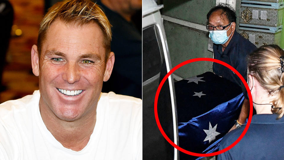 Pictured right, Shane Warne's casket was draped in an Australian flag before the legend's body was transported home to Australia.