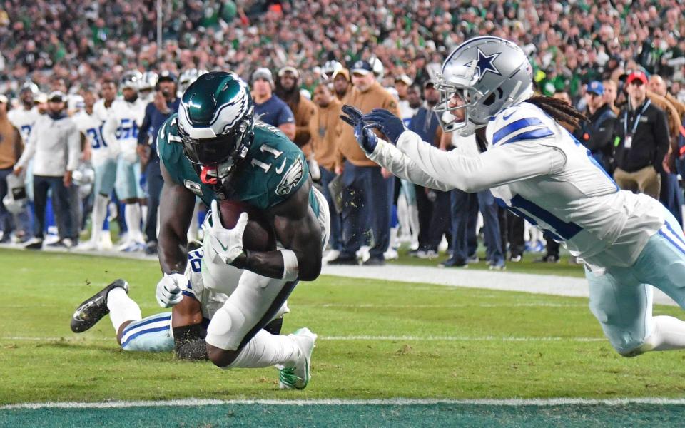 Nov 5, 2023; Philadelphia, Pennsylvania, USA; Philadelphia Eagles wide receiver A.J. Brown (11) scores a touchdown against Dallas Cowboys cornerback <a class="link " href="https://sports.yahoo.com/nfl/players/25720/" data-i13n="sec:content-canvas;subsec:anchor_text;elm:context_link" data-ylk="slk:Stephon Gilmore;sec:content-canvas;subsec:anchor_text;elm:context_link;itc:0">Stephon Gilmore</a> (21) during the third quarter at Lincoln Financial Field. Mandatory Credit: Eric Hartline-USA TODAY Sports