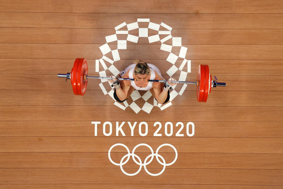 TOKYO, JAPAN - AUGUST 01: Aremi Fuentes Zavala of Team Mexico competes during the Weightlifting - Women's 76kg Group A on day nine of the Tokyo 2020 Olympic Games at Tokyo International Forum on August 01, 2021 in Tokyo, Japan. (Photo by Chris Graythen/Getty Images)