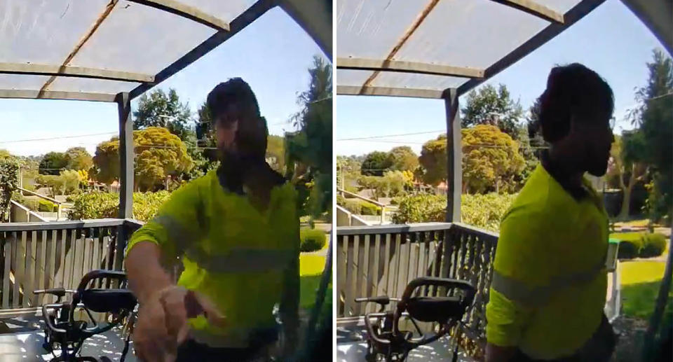 An AusPost delivery driver is seen ringing a doorbell outside a house. 