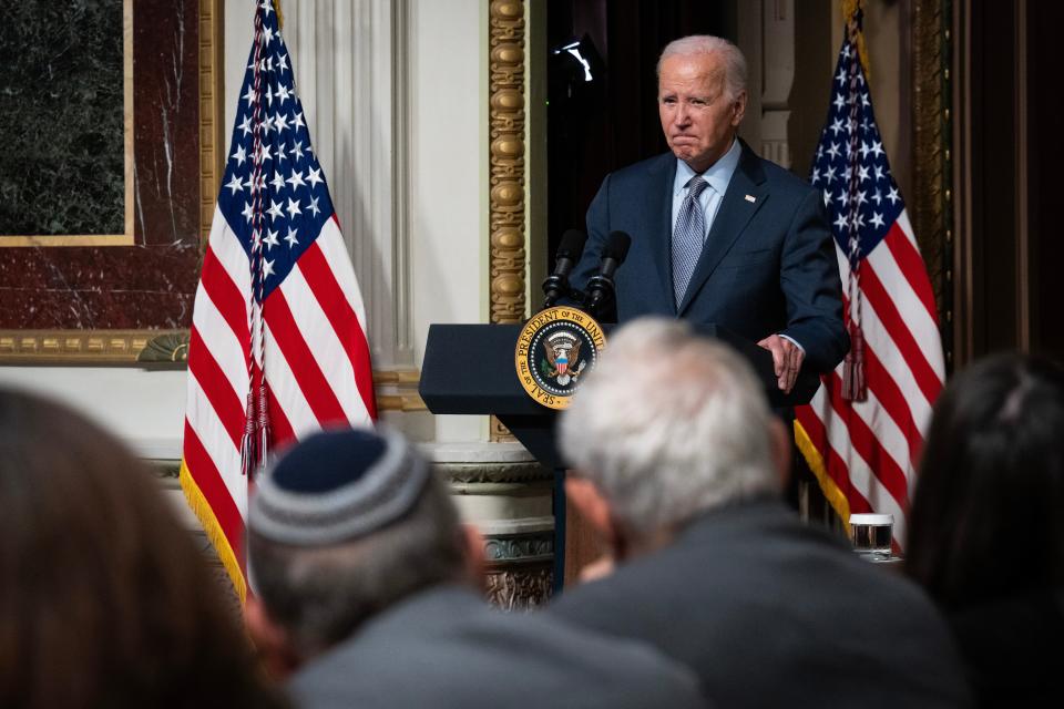 President Joe Biden spoke about the United States' support for Israel following the Hamas attacks during a roundtable with Jewish community leaders in the Indian Treaty Room of the Eisenhower Executive Office Building.