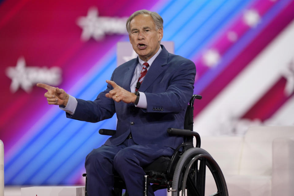 FILE - Texas Gov. Greg Abbott speaks at the Conservative Political Action Conference (CPAC) in Dallas, Aug. 4, 2022. The Republican governors of Florida and Texas have delivered migrants on planes and buses to Washington, D.C., New York City and even Martha's Vineyard, but they may just be getting started. (AP Photo/LM Otero, File)