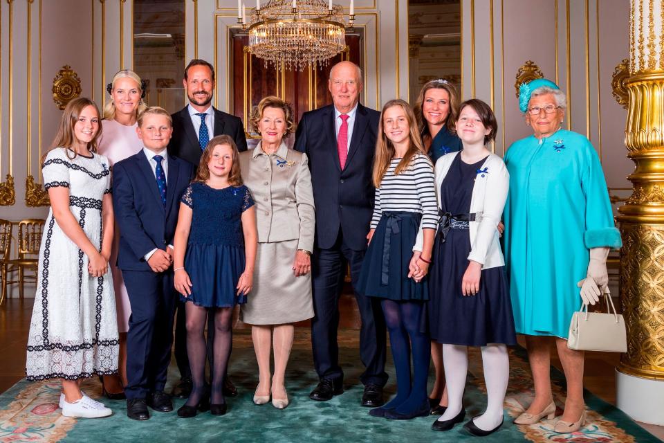 The Royal Family pose for a photo (L-R) Princess Ingrid Alexandra, Crown Princess Mette-Marit, Prince Sverre Magnus, Emma Tallulah Behn, Crown Prince Haakon, Queen Sonja, King Harald, Leah Isadora Behn, Princess Martha Louise, Maud Angelica Behn and Princess Astrid, Mrs Ferner to celebrate the golden wedding anniversary of the King and Queen in Oslo, Norway on August 29, 2018.