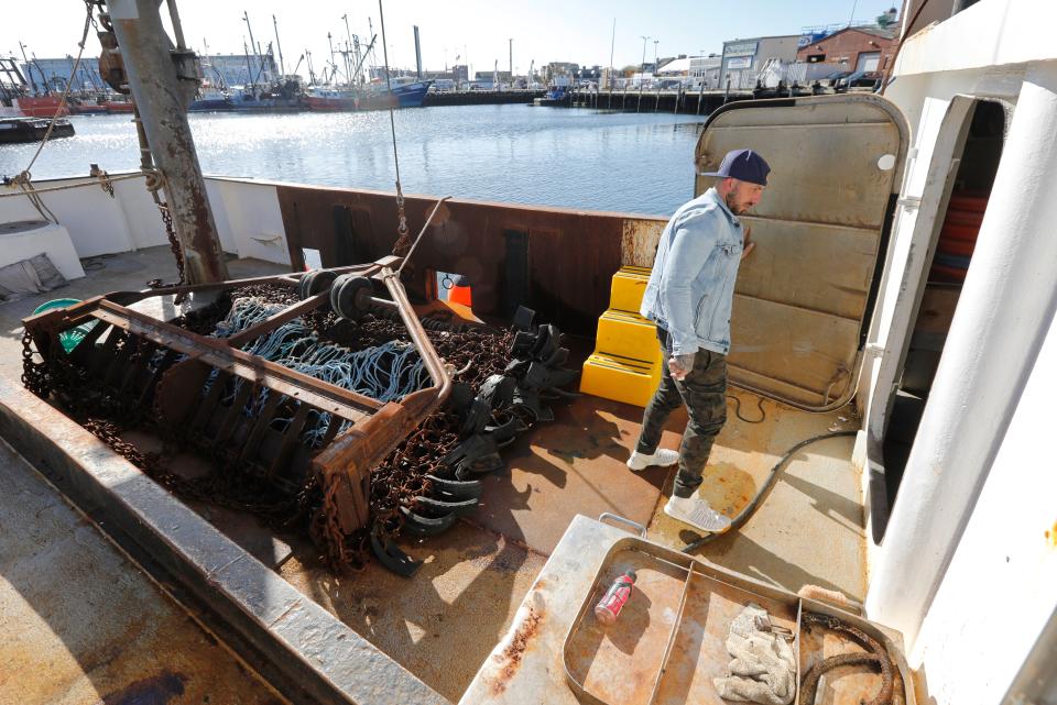 The scalloping dredge lies on the deck of the F/V Mirage as Captain Tyler Miranda enters the New Bedford scalloper docked on Fish Island.