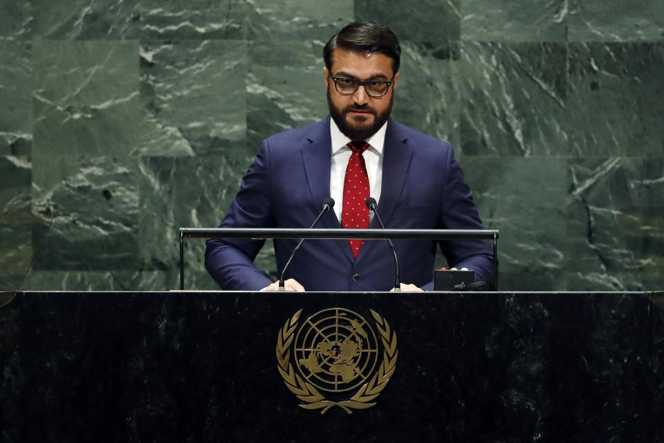 Afghanistan's National Security Adviser Hamdullah Mohib addresses the 74th session of the United Nations General Assembly, Monday, Sept. 30, 2019. (AP Photo/Richard Drew)
