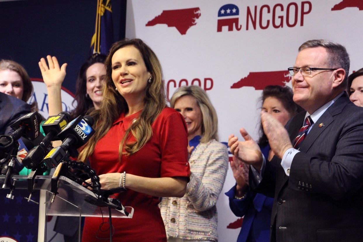 North Carolina state Rep. Tricia Cotham announces she is switching affiliation to the Republican Party at a news conference Wednesday, April 5, 2023, at the North Carolina Republican Party headquarters in Raleigh, N.C. The change gives Republican state legislators a veto-proof supermajority in both chambers.