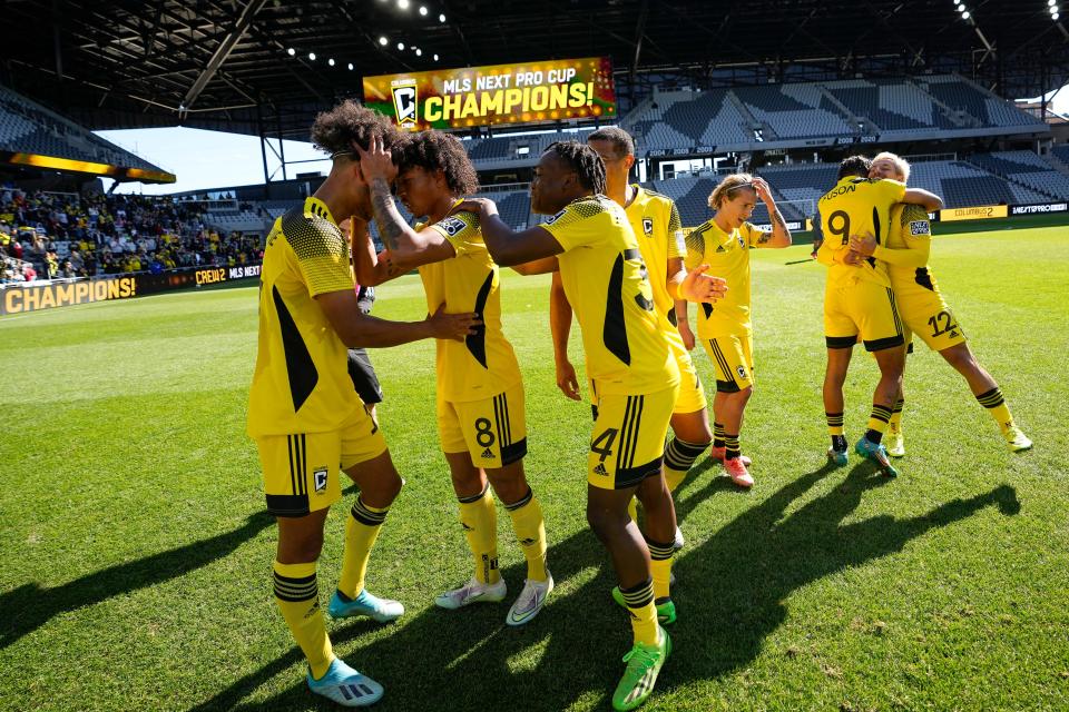 Oct 8, 2022; Columbus, Ohio, USA; The Columbus Crew 2 celebrate their win over St. Louis CITY2 in the MLS NEXT Pro Cup Championship at Lower.com Field. Mandatory Credit: Adam Cairns-The Columbus Dispatch