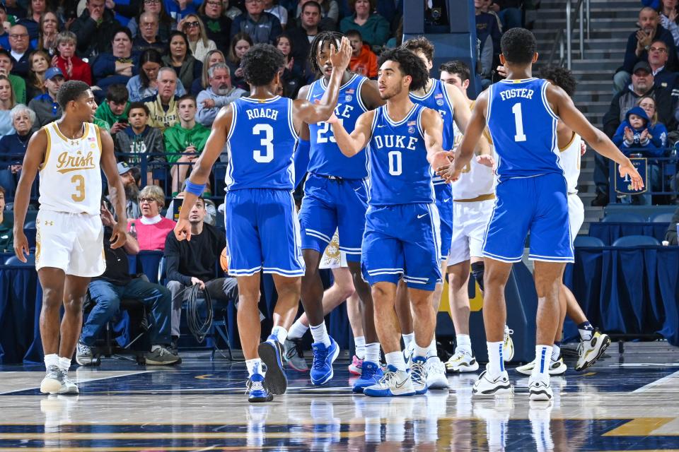 Jan 6, 2024; South Bend, Indiana, USA; Duke Blue Devils guard Jared McCain (0) celebrates with his teammates after a basket in the first half against the Notre Dame Fighting Irish at the Purcell Pavilion. Mandatory Credit: Matt Cashore-USA TODAY Sports