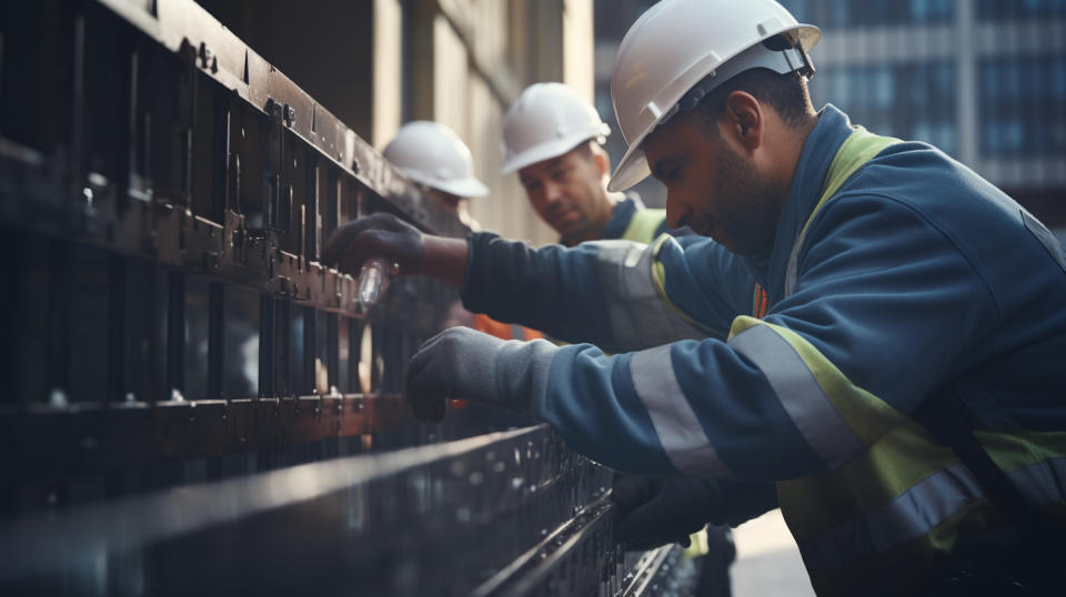 Close-up of a specialized engineer team examining architectural railings.