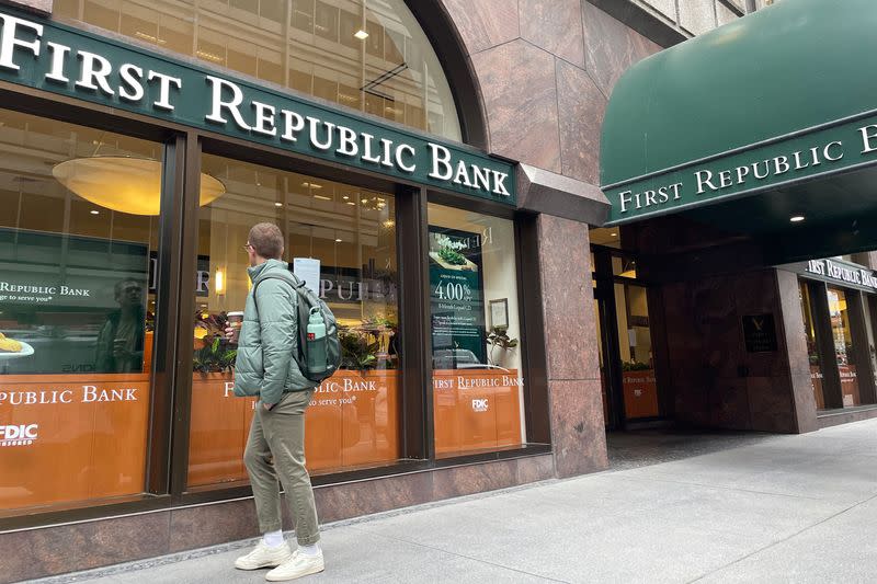 A branch of First Republic Bank is seen after Jamie Dimon's JPMorgan Chase & Co emerged as the winner of a weekend auction