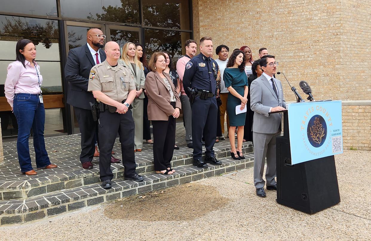 Travis County District Attorney José Garza introduces the county's new Transformation Project aimed at ending cycles of violence in youth during a press conference Wednesday, Nov. 8, 2023, at Huston-Tillotson University in Austin.