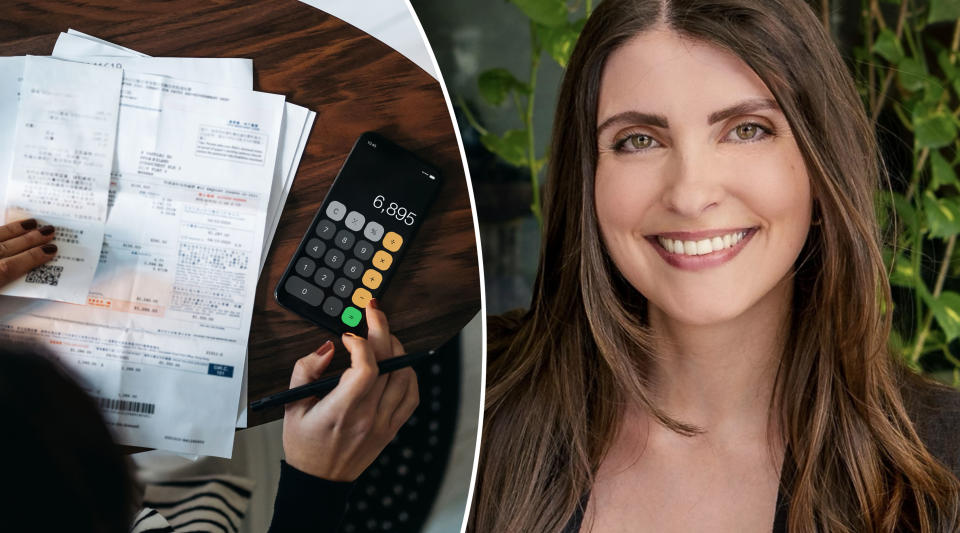 A person at a desk crunching numbers for a Christmas spending with a calculator and money expert Téa Angelos