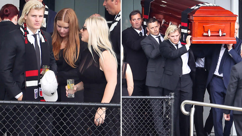 Shane Warne's son Jackson, pictured here helping carry his coffin at his funeral.