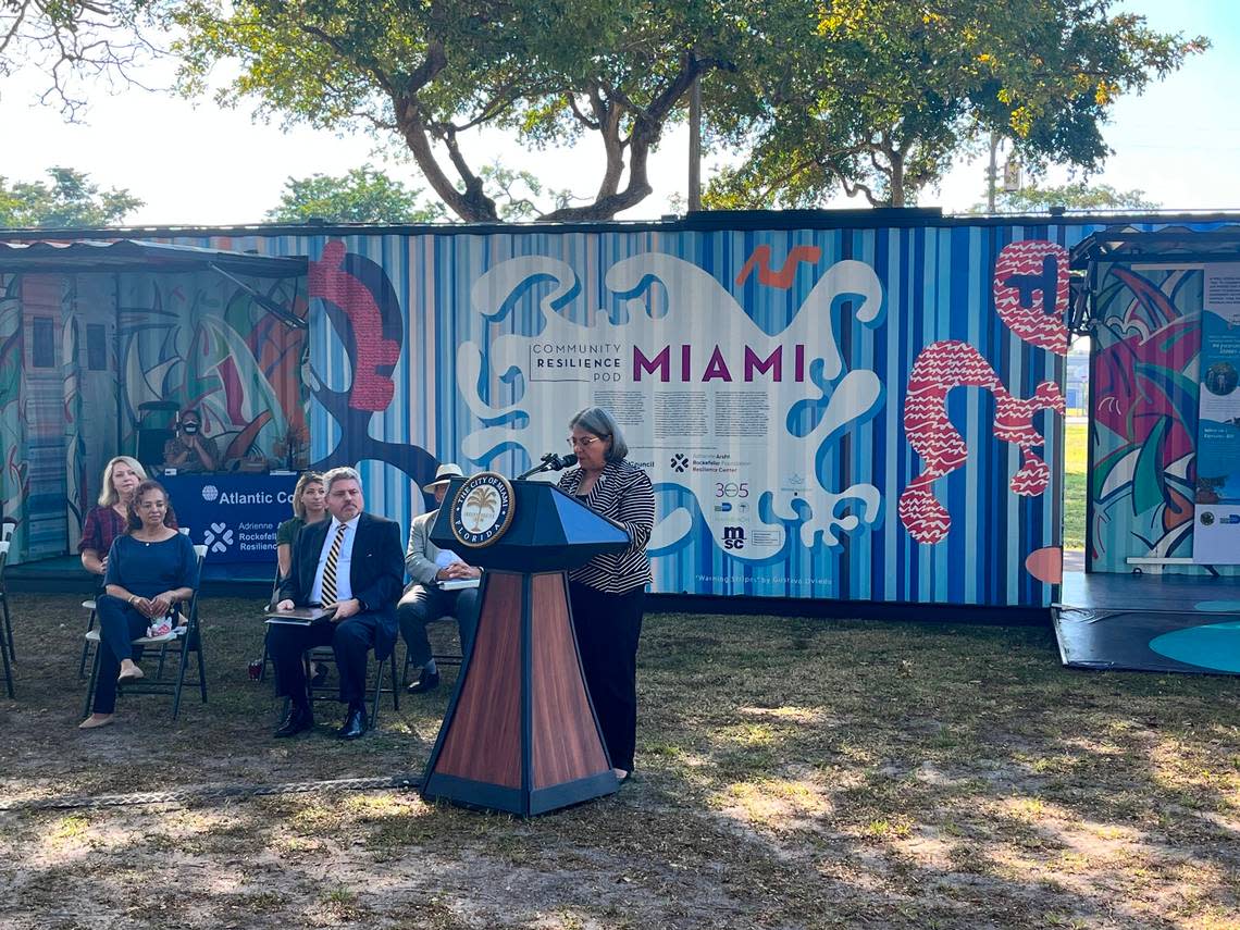 Miami-Dade Mayor Daniella Levine Cava speaks Monday, January 23, 2023, about the million-dollar grant received by the Adrienne Arsht-Rockefeller Foundation Resilience Center to create a plan for a series of hubs and pods that allow Miami-area residents to get help after a disaster. This pilot project of a potential “resilience pod” is a solar-powered WiFi hub that displays educational material about climate change.