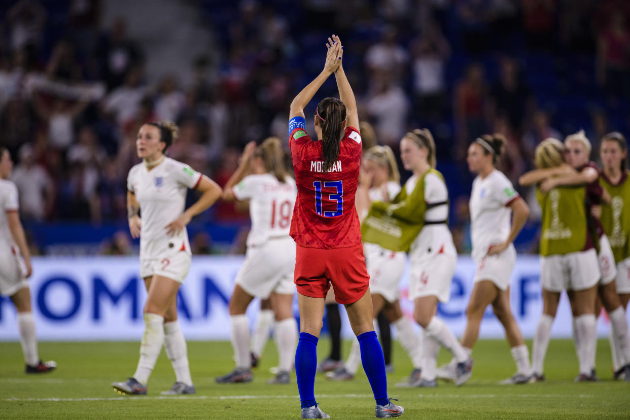 LYON, FRANCE - JULY 02: Alex Morgan of United States celebrates after winning England  during the 2019 FIFA Women's World Cup France Semi Final match between England and USA at Stade de Lyon on July 2, 2019 in Lyon, France. (Photo by Marcio Machado/Getty Images)