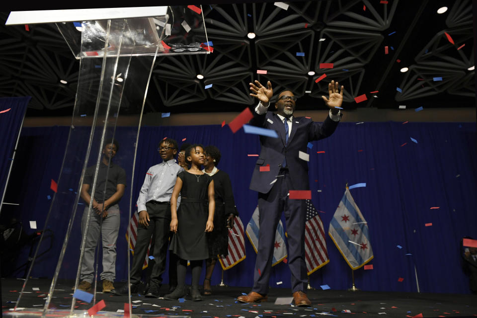 Chicago Mayor-elect Brandon Johnson celebrates with supporters after defeating Paul Vallas after the mayoral runoff election late Tuesday, April 4, 2023, in Chicago. (AP Photo/Paul Beaty)