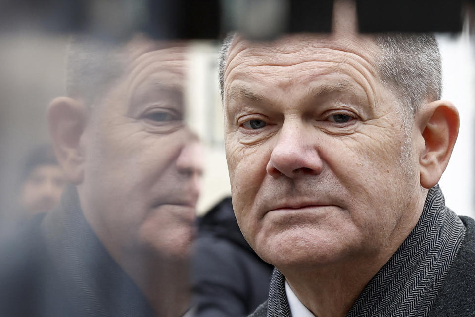 German Chancellor Olaf Scholz attends the presentation of Franco-German industrial projects, Sunday, Jan. 22, 2023 at the Elysee Palace in Paris. France and Germany are seeking to overcome differences laid bare by Russia's war in Ukraine and shore up their alliance with a day of ceremonies and talks Sunday on Europe's security, energy and other challenges. (Benoit Tessier, Pool via AP)