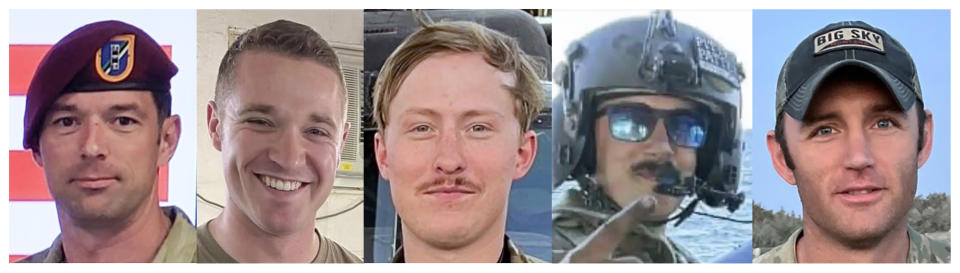 These undated photos provided by U.S. Army Special Operations Command Public Affairs, shows the five Army aviation special operations forces killed when their helicopter crashed in the Eastern Mediterranean over the weekend. From left are, Chief Warrant Officer 3 Stephen R. Dwyer, of Clarksville, Tenn., Sgt. Andrew P. Southard, of Apache Junction, Ariz., Staff Sgt. Tanner W. Grone, of Gorham, N.H., Sgt. Cade M. Wolfe, of Mankato, Minn., and Chief Warrant Officer 2 Shane M. Barnes, of Sacramento, Calif. They were based in Kentucky. (U.S. Army Special Operations Command Public Affairs via AP)