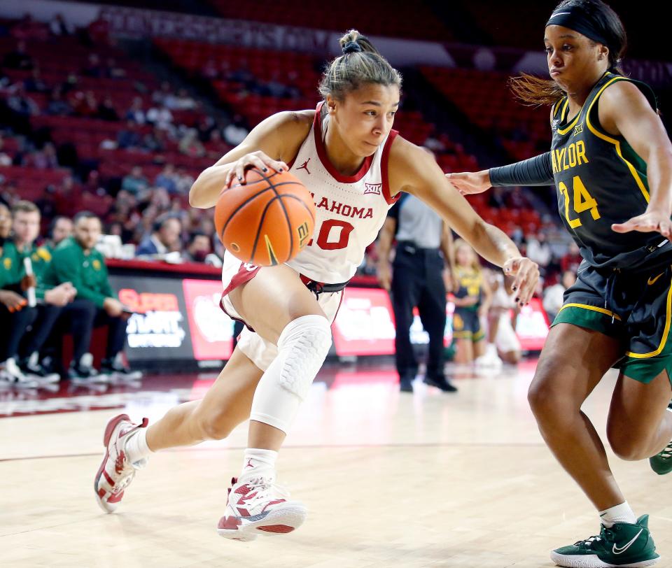 Oklahoma's Kelbie Washington (10) drives to the basket as Baylor's Sarah Andrews (24) defends during Wednesday's Big 12 women's basketball game at Lloyd Noble Center.