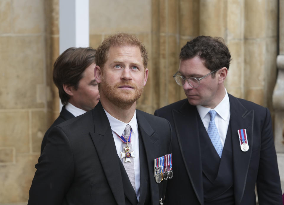 LONDON, ENGLAND - MAY 06: Prince Harry, Duke of Sussex and Jack Brooksbank (R) attend the Coronation of King Charles III and Queen Camilla on May 6, 2023 in London, England. The Coronation of Charles III and his wife, Camilla, as King and Queen of the United Kingdom of Great Britain and Northern Ireland, and the other Commonwealth realms takes place at Westminster Abbey today. Charles acceded to the throne on 8 September 2022, upon the death of his mother, Elizabeth II. (Photo by Dan Charity - WPA Pool/Getty Images)