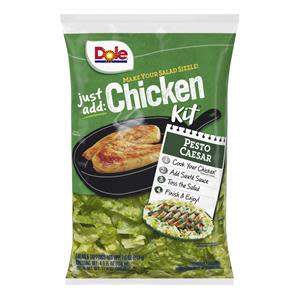 Pesto Caesar is one of four flavor varieties in the new line of DOLE® Just Add Chicken Salad Kits, combining Dole lettuces, toppings, an original dressing and sauté, and finishing sauces to turn lean chicken into an affordable meal solution for two.