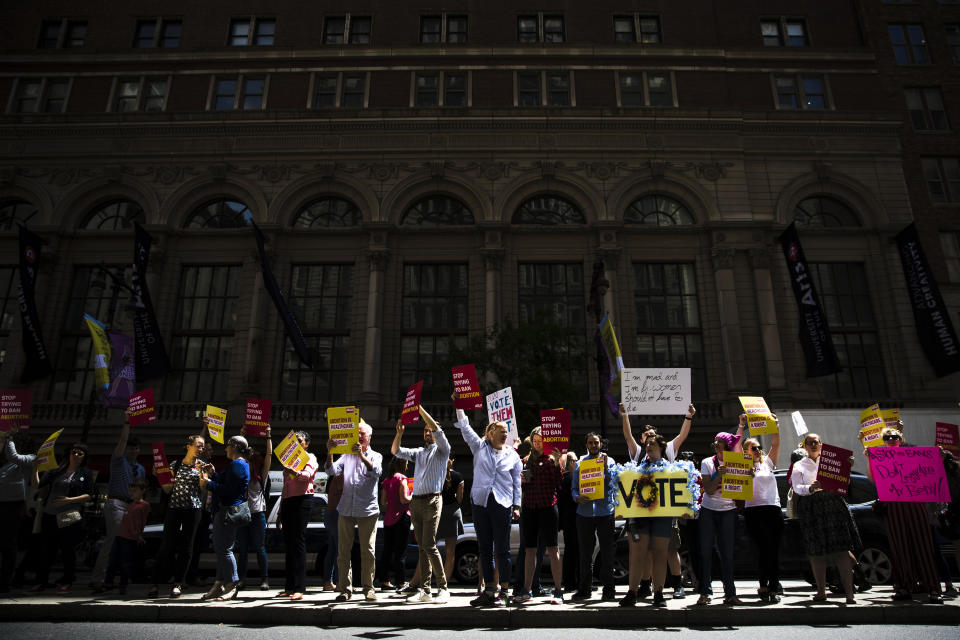 FILE - In this Tuesday, May 21, 2019 file photo, women's rights advocates demonstrate in Philadelphia against recent abortion bans put forward in several state legislatures. There have been major shifts in anti-abortion tactics. Compared to the 1990s, there are fewer mass demonstrations and clinic blockades, and far more success passing anti-abortion laws in Republican-controlled state legislatures. In the five years preceding this year's sweeping bans, scores of other laws have been passed to restrict abortion access. (AP Photo/Matt Rourke)