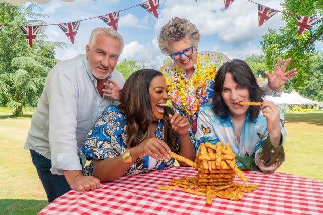 “The Great British Bake Off” judges Paul Hollywood and Prue Leith (top left and right) and hosts Alison Hammond and Noel Fielding (bottom left and right). 