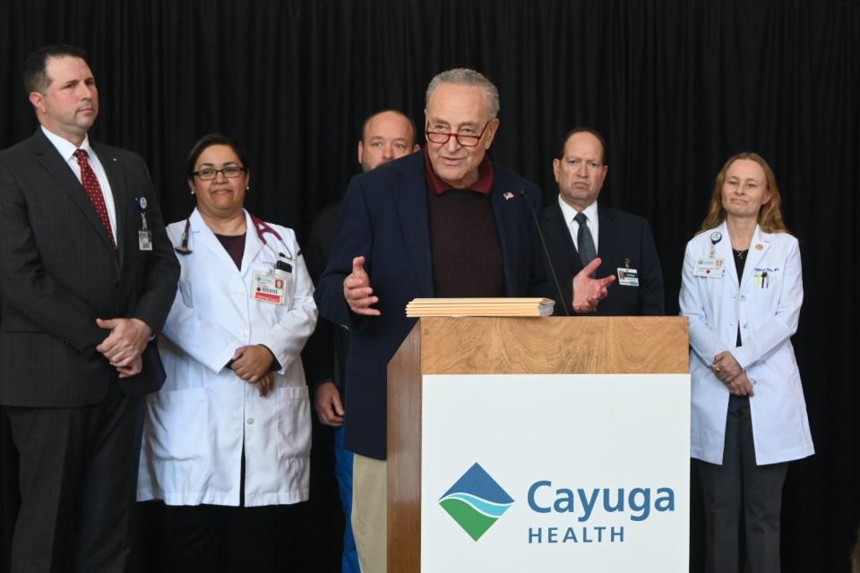 U.S Senate Majority Leader Charles Schumer at Cayuga Medical Center. March 4, 2024.