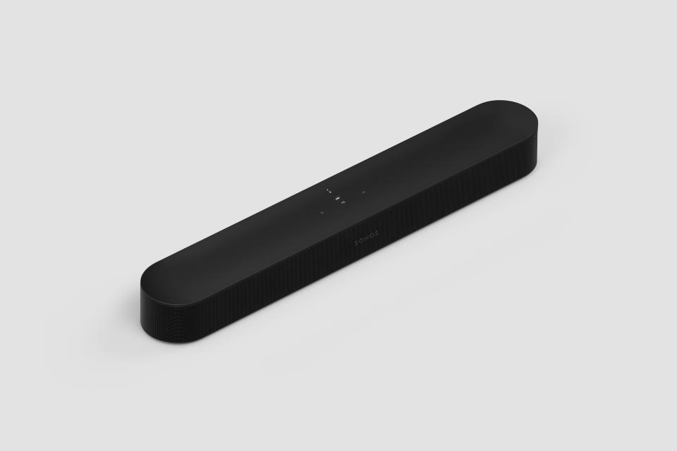 Black Sonos Beam Gen 2 on a grey background