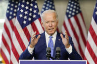 Democratic presidential candidate and former Vice President Joe Biden speaks at the Constitution Center in Philadelphia, Sunday, Sept. 20, 2020, about the Supreme Court. (AP Photo/Carolyn Kaster)