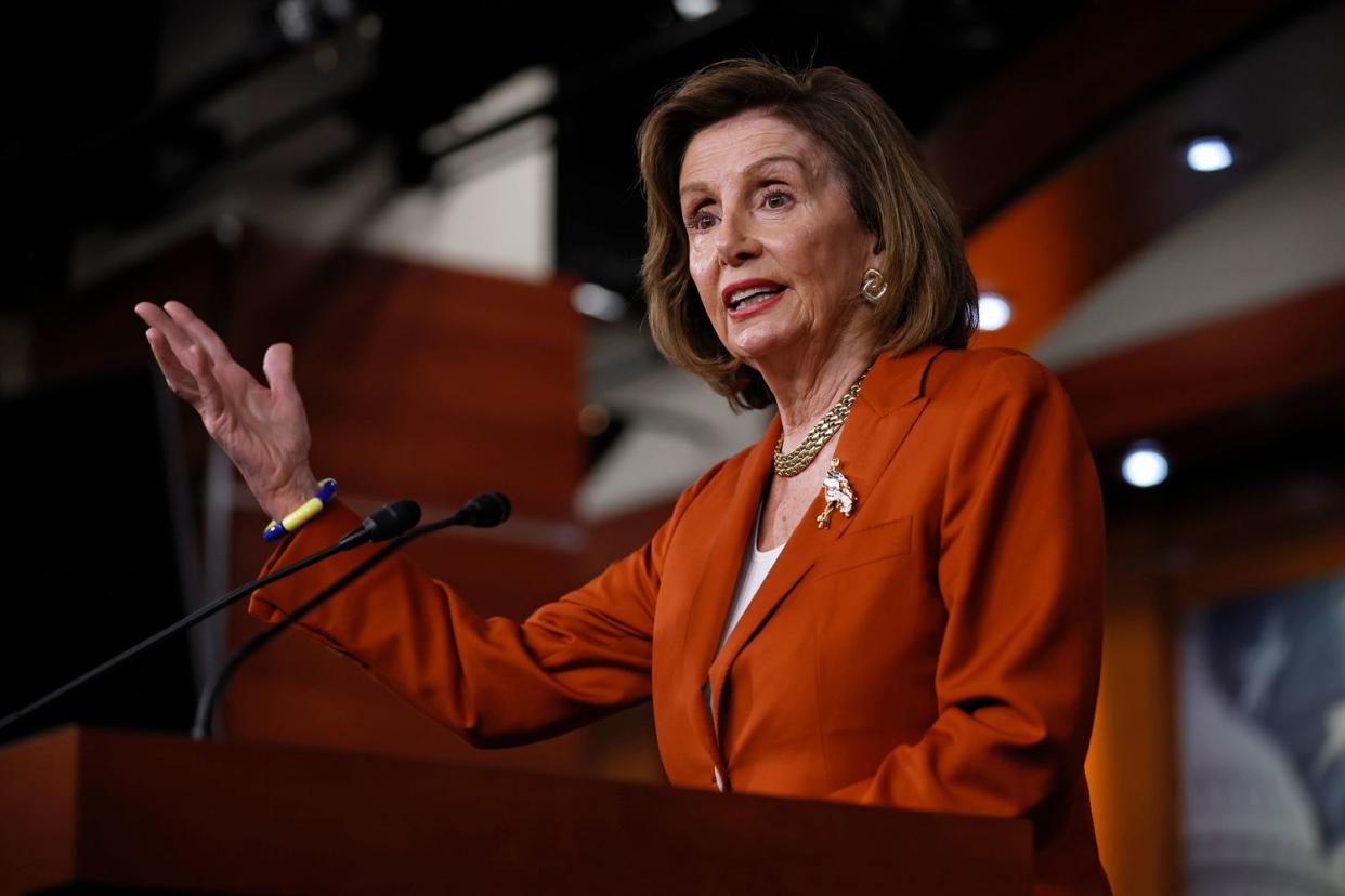 Speaker of the House Nancy Pelosi (D-CA) talks to repoorters minutes after the U.S. Supreme Court struck down Roe v Wade, which guaranteed a woman's right to an abortion, in the Capitol Visitors Center on June 24, 2022 in Washington, DC. The court ruled 6-3 in Dobbs v Jackson Women's Health, overturning a 50-year precedent and sending abortion regulation back to the states. "Today, the Republican-controlled Supreme Court has achieved the GOP’s dark and extreme goal of ripping away women’s right to make their own reproductive health decisions," Pelosi said