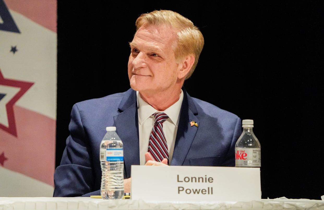 Lonnie Powell attends a League of Women Voters forum on Thursday, April 4, 2024, at Anderson High School Auditorium in Anderson Ind. The forum included Republican and Democratic candidates running for the 5th Congressional District.