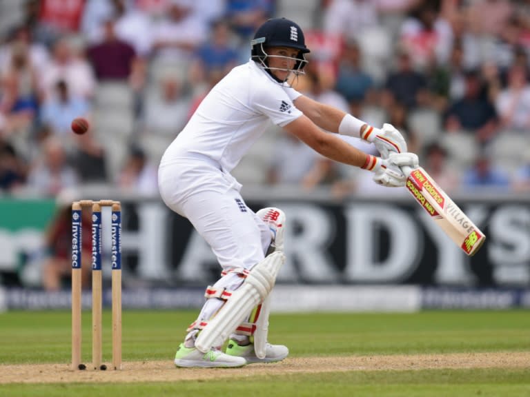 England's Joe Root plays a shot on the second day of the second Test cricket match between England and Pakistan at Old Trafford on July 23, 2016