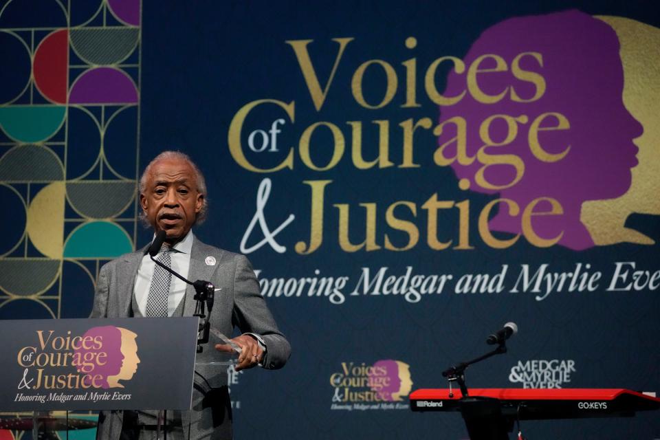 The Rev. Al Sharpton, founder and president of the National Action Network, delivers a keynote address at The Medgar and Myrlie Evers Institute Courage and Justice Gala, commemorating the 60th anniversary of the 1963 assassination of Medgar Evers, Friday, June 9, 2023, in Jackson, Miss. (AP Photo/Rogelio V. Solis)